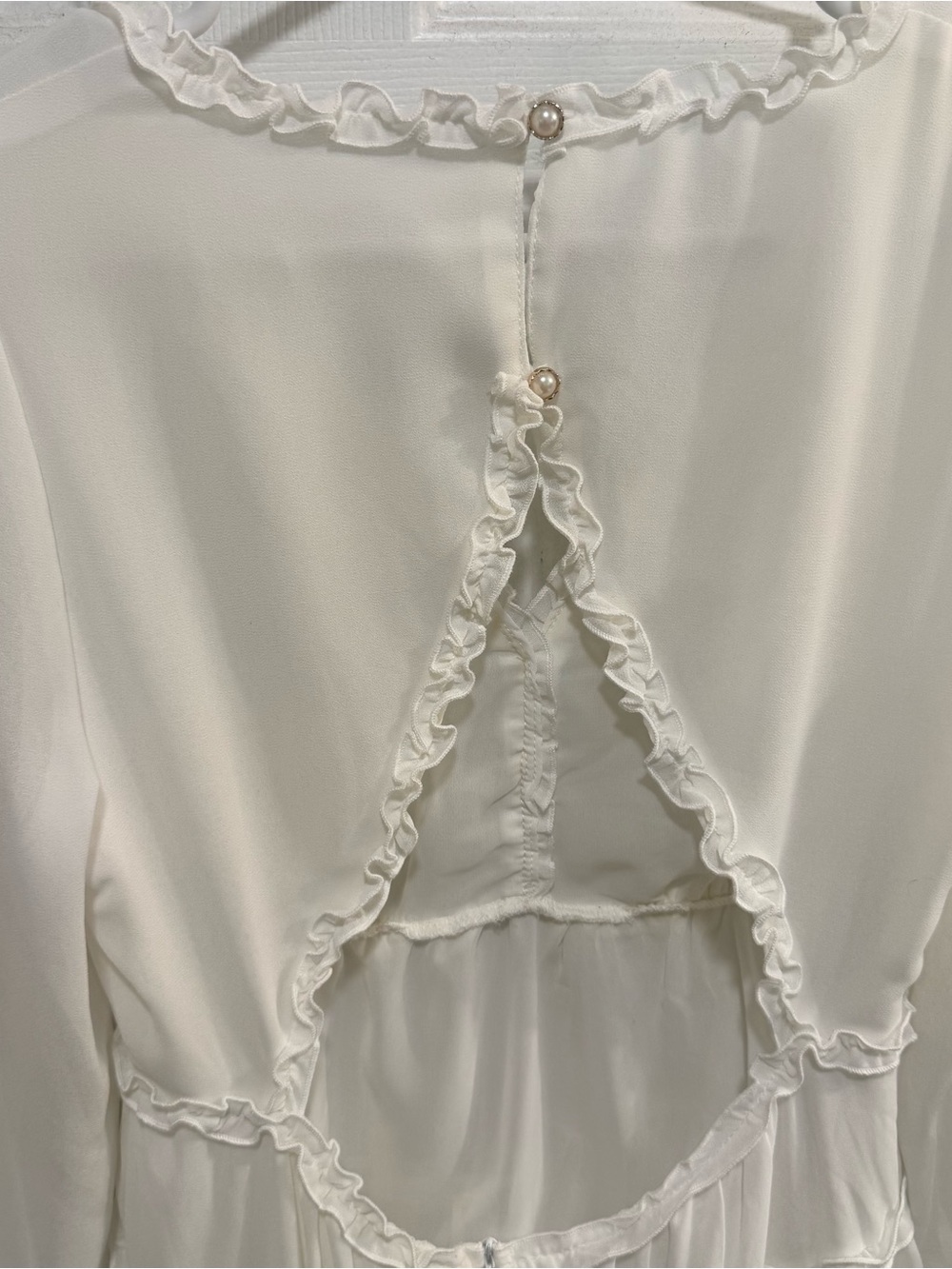White Ruffle Tiered Mini Dress Open Back Cottagecore Boho Long Sleeve Size M
